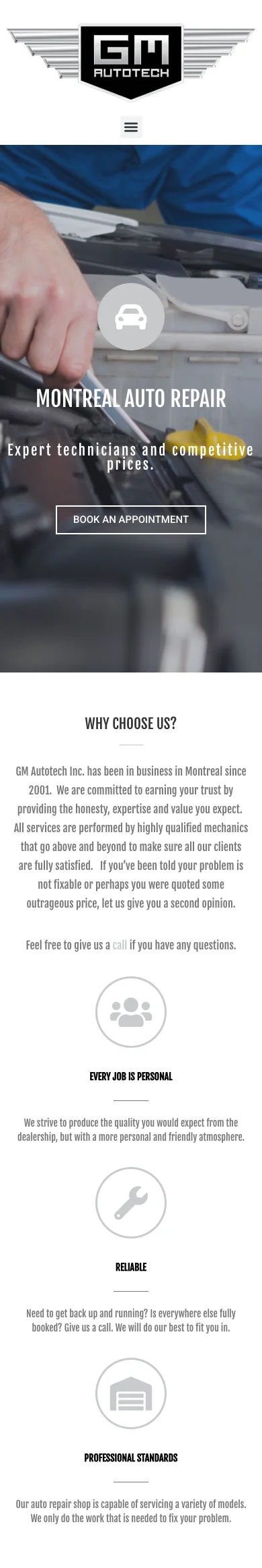 Homepage of the GM AUTOTECH website on mobile