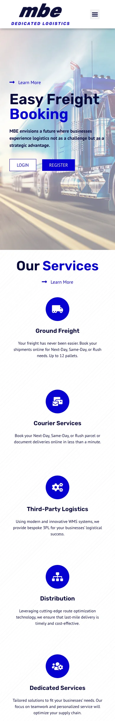 Homepage of the MBE DEDICATED website on mobile