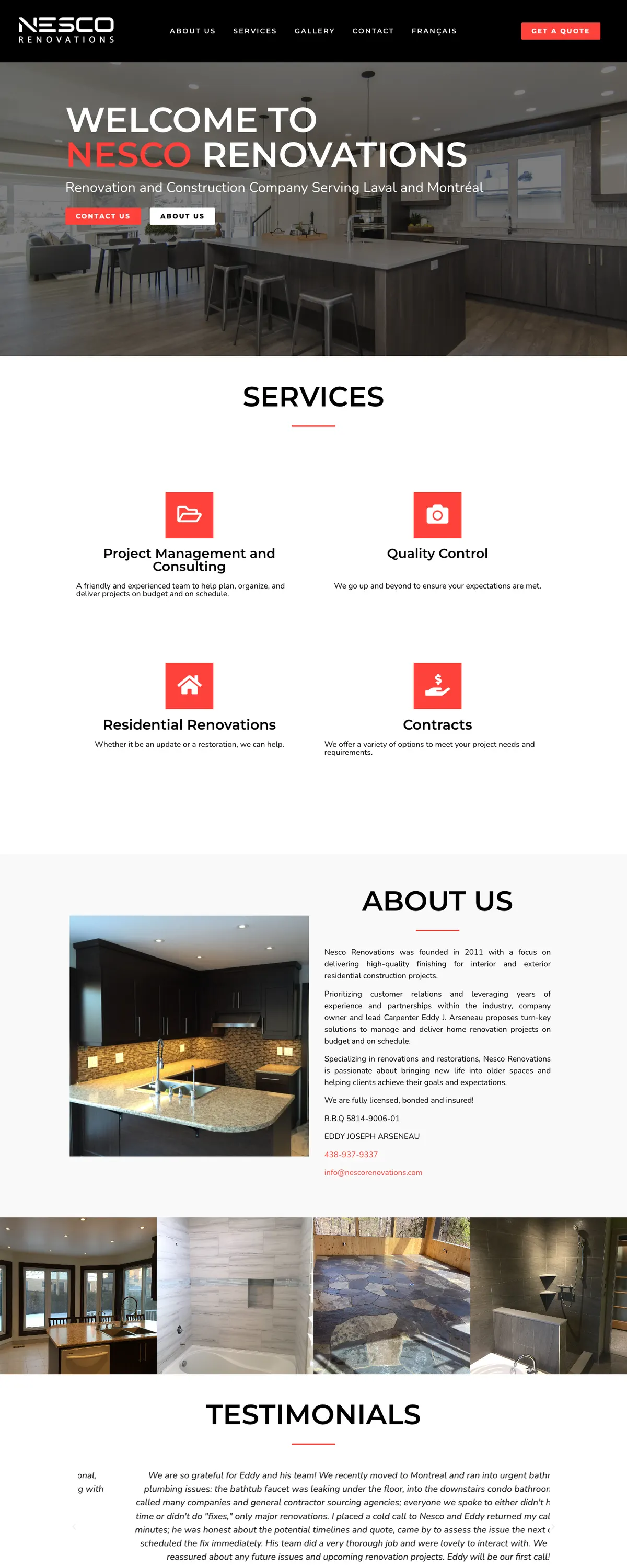 Homepage of the NESCO RENOVATIONS website on desktop